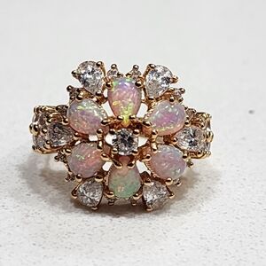 Opal Floral Cluster Ring Sterling Silver Gold Vermeil Bling Sz 6 Vintage Uncas